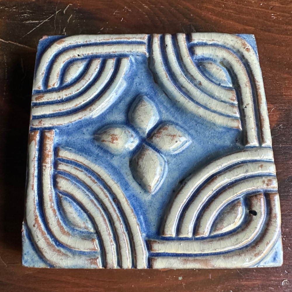 Moravian Pottery‎ Tile Works Mercer Blue Cream Geometric Art Tile Vintage 4x4"